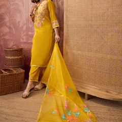 Mustard Floral Embroidered Straight Kurta With Trouser & Dupatta Kurta Set