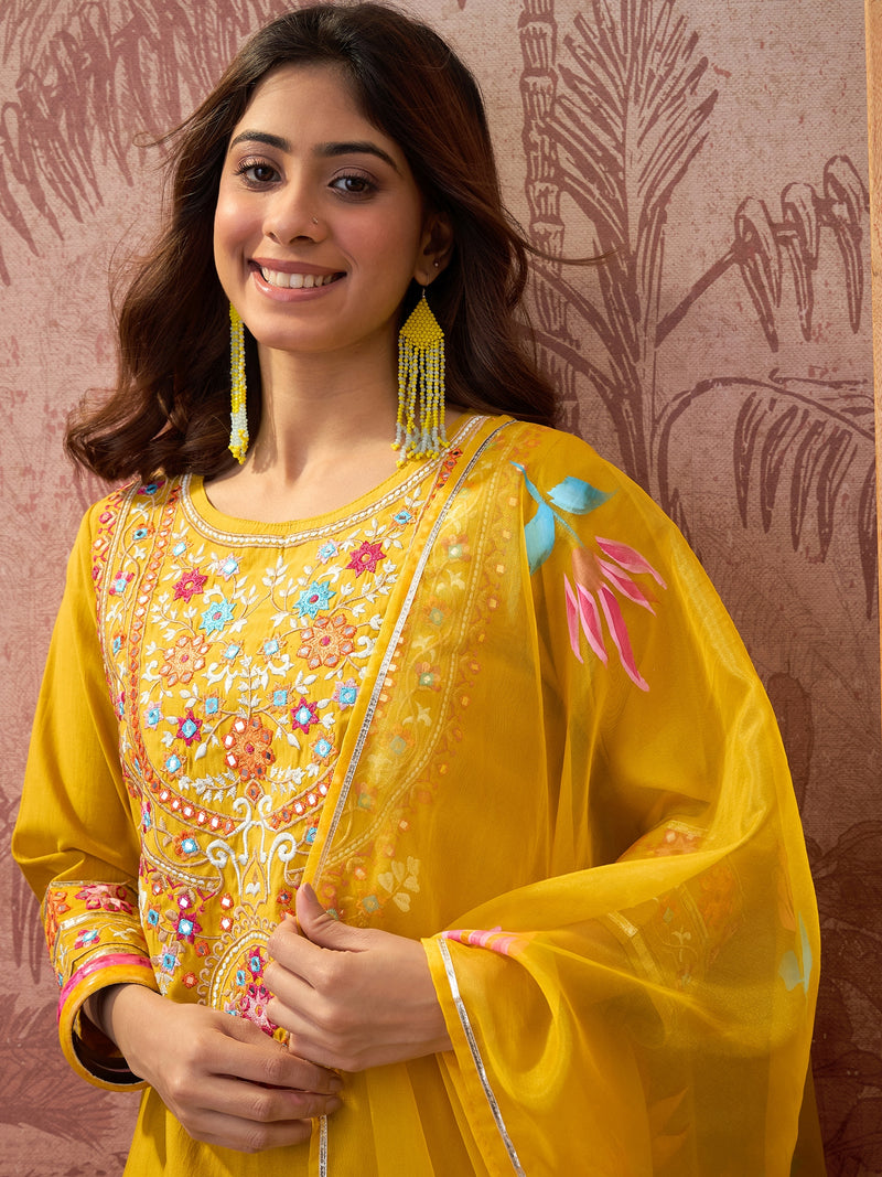 Mustard Floral Embroidered Straight Kurta With Trouser & Dupatta Kurta Set