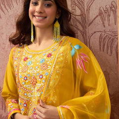 Mustard Floral Embroidered Straight Kurta With Trouser & Dupatta Kurta Set