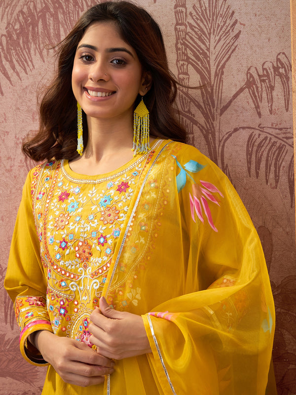 Mustard Floral Embroidered Straight Kurta With Trouser & Dupatta Kurta Set