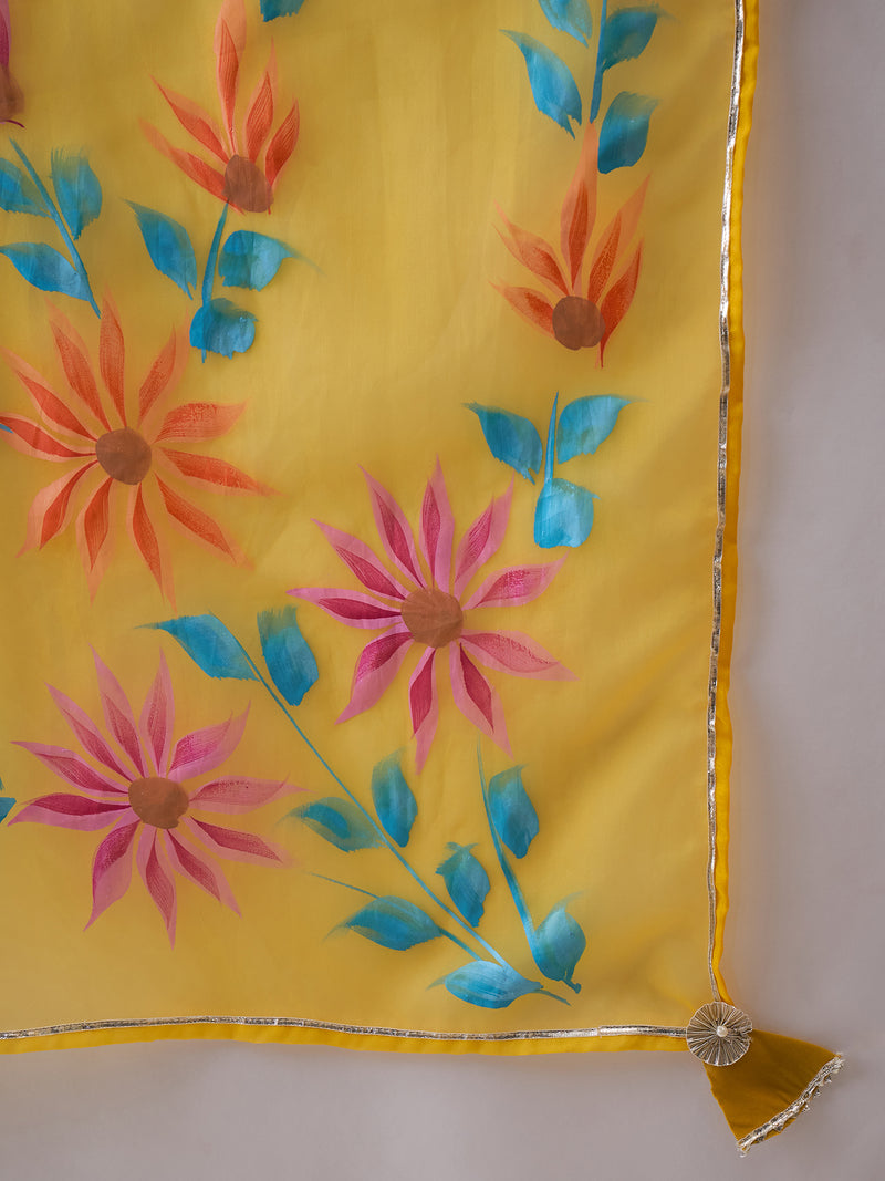 Mustard Floral Embroidered Straight Kurta With Trouser & Dupatta Kurta Set