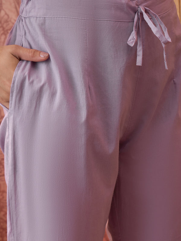 Purple Pure Cotton Floral Embroidered Straight Kurta With Trouser & Dupatta Kurta Set