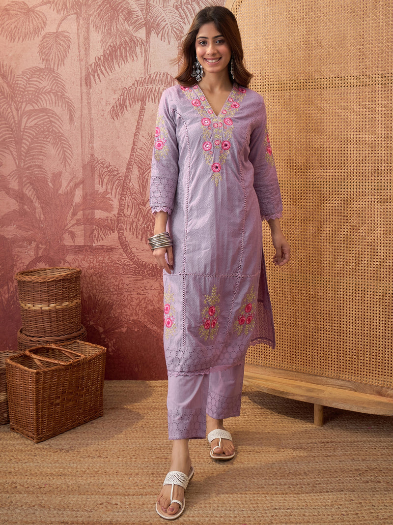 Purple Pure Cotton Floral Embroidered Straight Kurta With Trouser & Dupatta Kurta Set