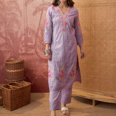 Purple Pure Cotton Floral Embroidered Straight Kurta With Trouser & Dupatta Kurta Set