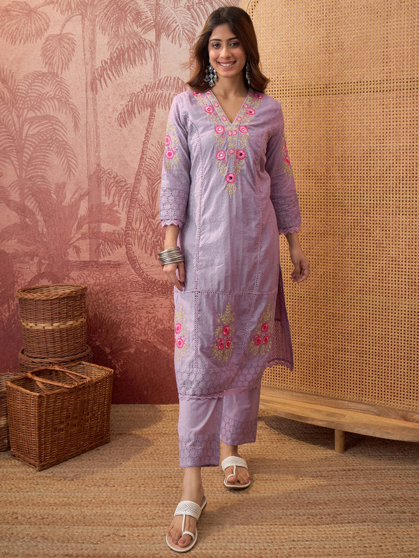 Purple Pure Cotton Floral Embroidered Straight Kurta With Trouser & Dupatta Kurta Set