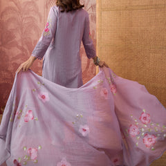 Purple Pure Cotton Floral Embroidered Straight Kurta With Trouser & Dupatta Kurta Set