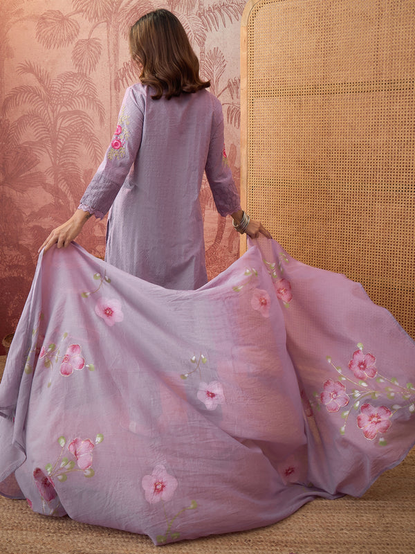 Purple Pure Cotton Floral Embroidered Straight Kurta With Trouser & Dupatta Kurta Set