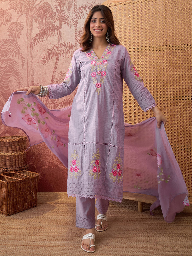 Purple Pure Cotton Floral Embroidered Straight Kurta With Trouser & Dupatta Kurta Set