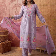 Purple Pure Cotton Floral Embroidered Straight Kurta With Trouser & Dupatta Kurta Set