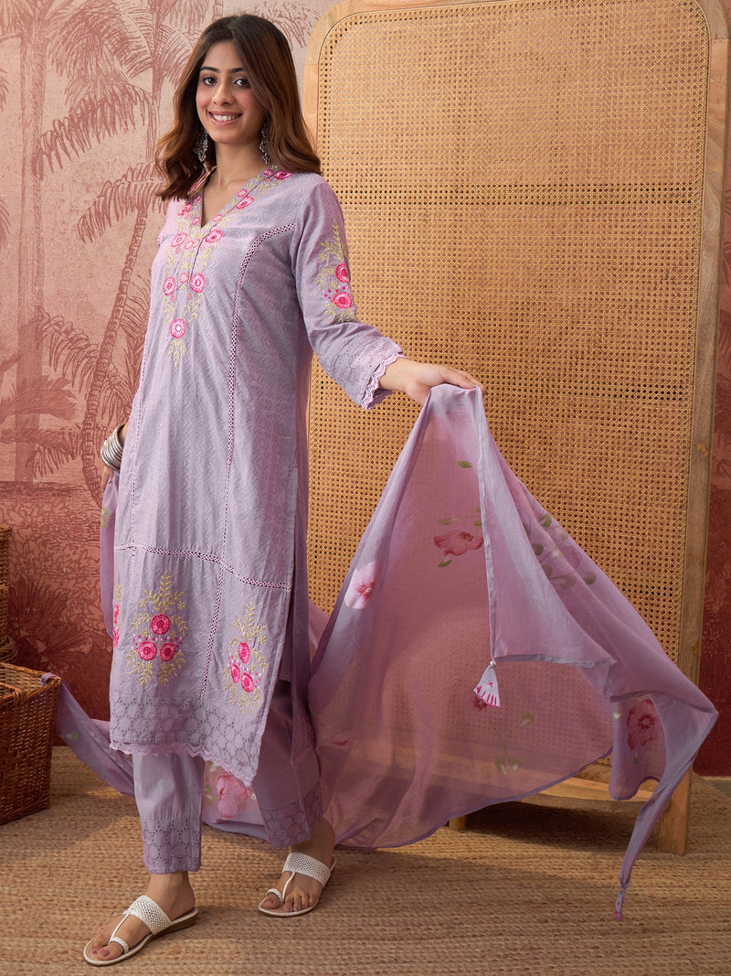 Purple Pure Cotton Floral Embroidered Straight Kurta With Trouser & Dupatta Kurta Set