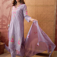 Purple Pure Cotton Floral Embroidered Straight Kurta With Trouser & Dupatta Kurta Set
