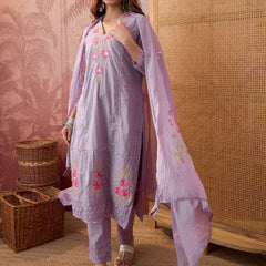 Purple Pure Cotton Floral Embroidered Straight Kurta With Trouser & Dupatta Kurta Set