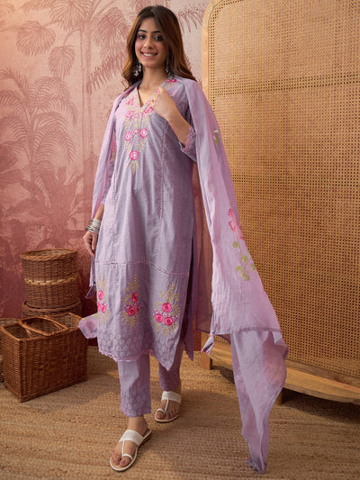 Purple Pure Cotton Floral Embroidered Straight Kurta With Trouser & Dupatta Kurta Set