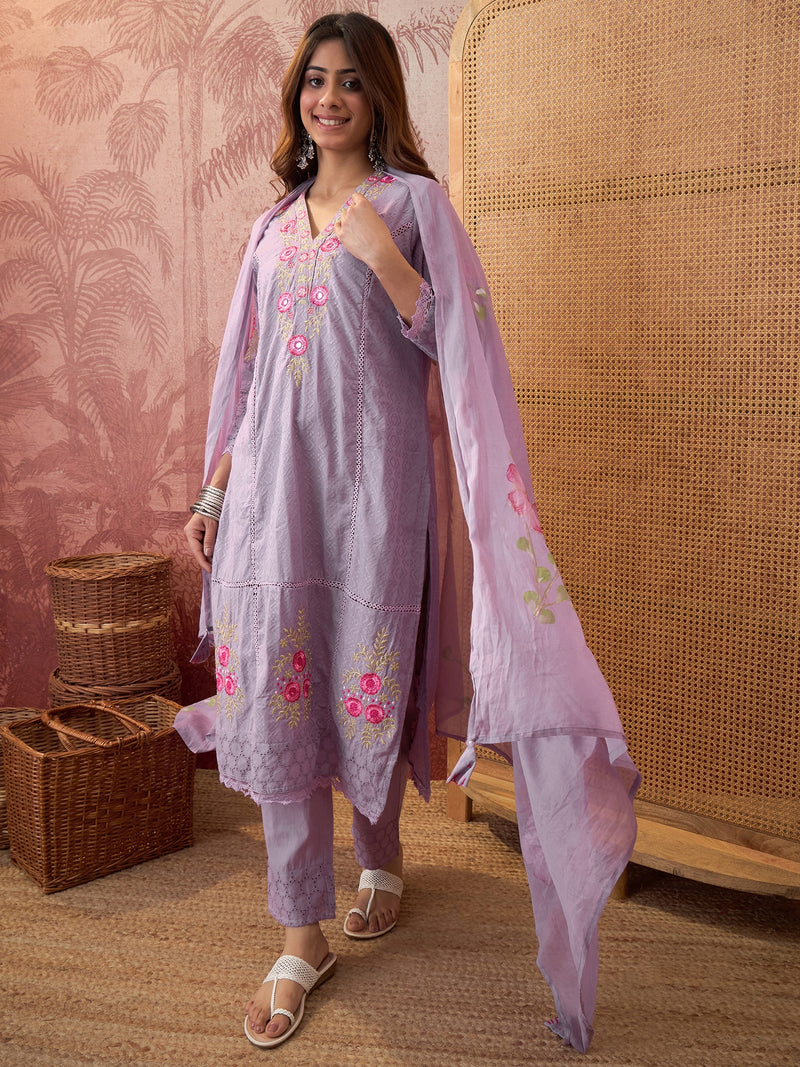 Purple Pure Cotton Floral Embroidered Straight Kurta With Trouser & Dupatta Kurta Set