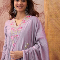 Purple Pure Cotton Floral Embroidered Straight Kurta With Trouser & Dupatta Kurta Set