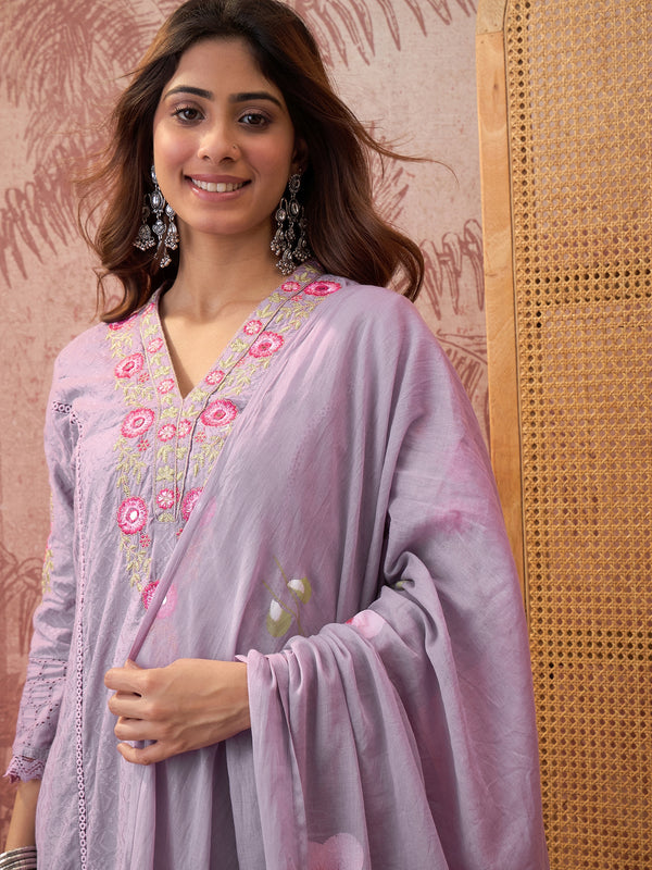 Purple Pure Cotton Floral Embroidered Straight Kurta With Trouser & Dupatta Kurta Set