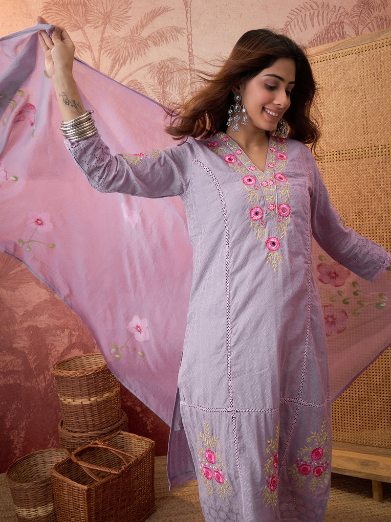 Purple Pure Cotton Floral Embroidered Straight Kurta With Trouser & Dupatta Kurta Set