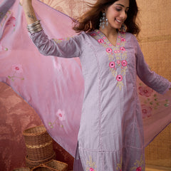 Purple Pure Cotton Floral Embroidered Straight Kurta With Trouser & Dupatta Kurta Set