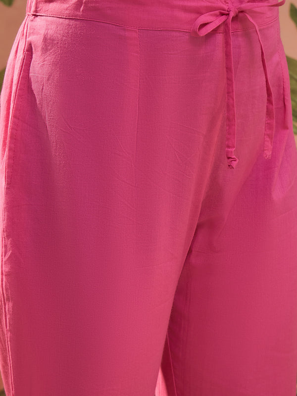 Pink Floral Embroidered V-Neck Kurta With Trouser Kurta Set