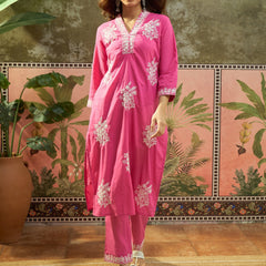Pink Floral Embroidered V-Neck Kurta With Trouser Kurta Set