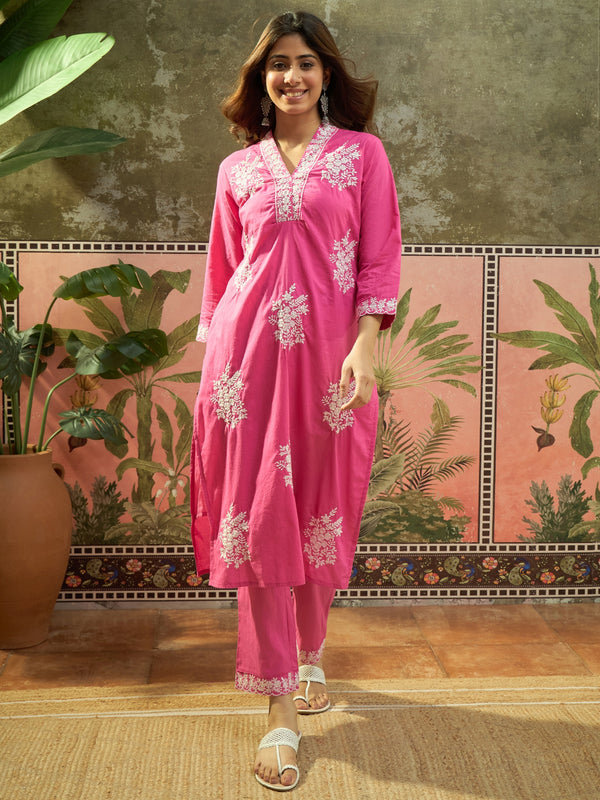 Pink Floral Embroidered V-Neck Kurta With Trouser Kurta Set