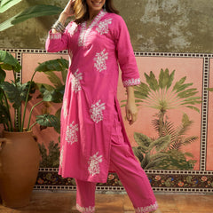 Pink Floral Embroidered V-Neck Kurta With Trouser Kurta Set