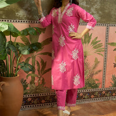 Pink Floral Embroidered V-Neck Kurta With Trouser Kurta Set