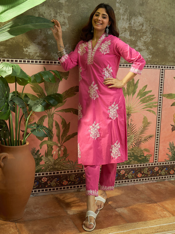 Pink Floral Embroidered V-Neck Kurta With Trouser Kurta Set