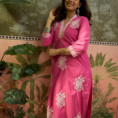 Pink Floral Embroidered V-Neck Kurta With Trouser Kurta Set