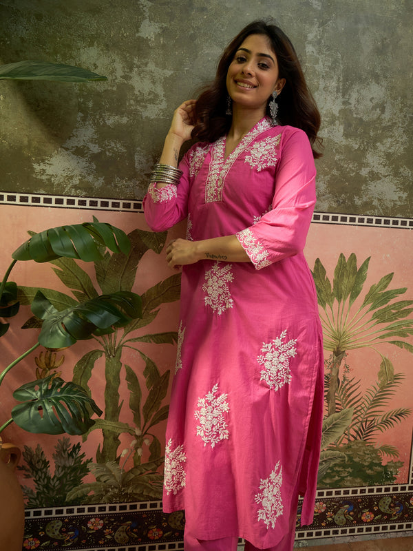 Pink Floral Embroidered V-Neck Kurta With Trouser Kurta Set