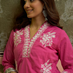 Pink Floral Embroidered V-Neck Kurta With Trouser Kurta Set