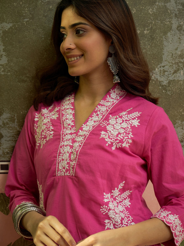 Pink Floral Embroidered V-Neck Kurta With Trouser Kurta Set