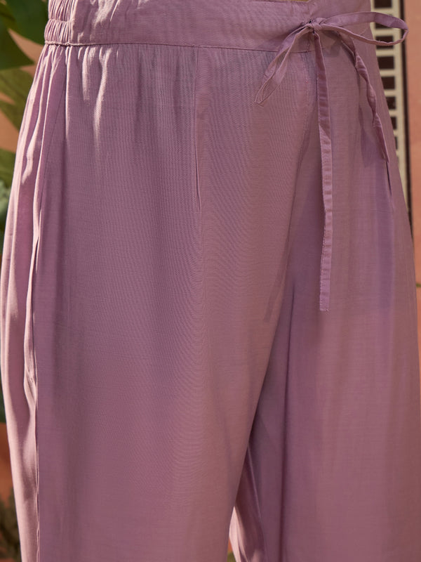 Lilac Floral Embroidered Straight Kurta With Trouser & Dupatta Kurta Set
