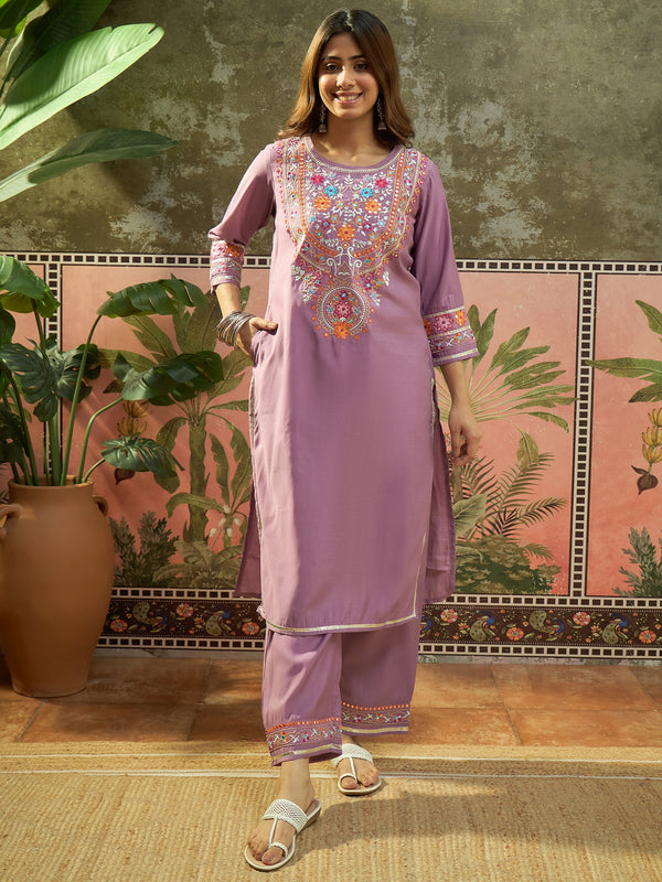 Lilac Floral Embroidered Straight Kurta With Trouser & Dupatta Kurta Set