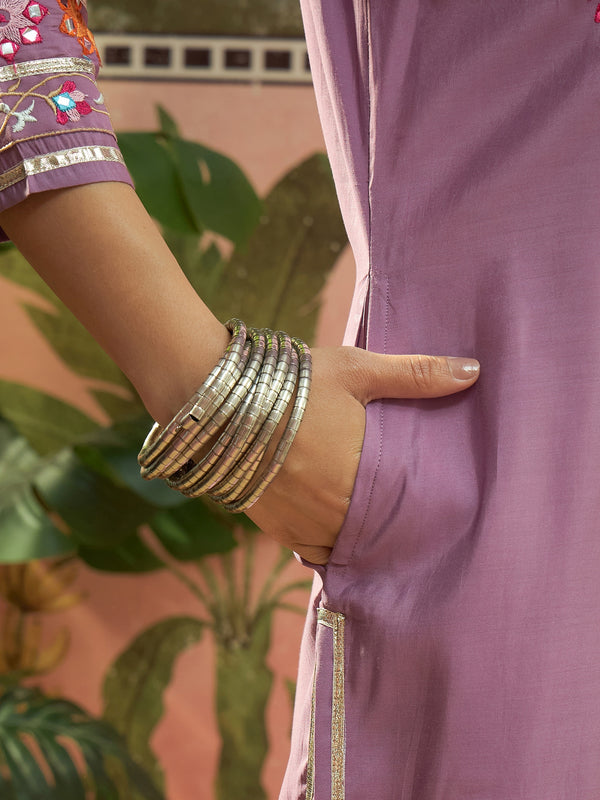 Lilac Floral Embroidered Straight Kurta With Trouser & Dupatta Kurta Set