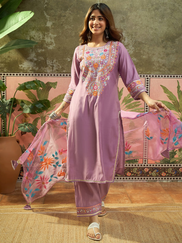 Lilac Floral Embroidered Straight Kurta With Trouser & Dupatta Kurta Set