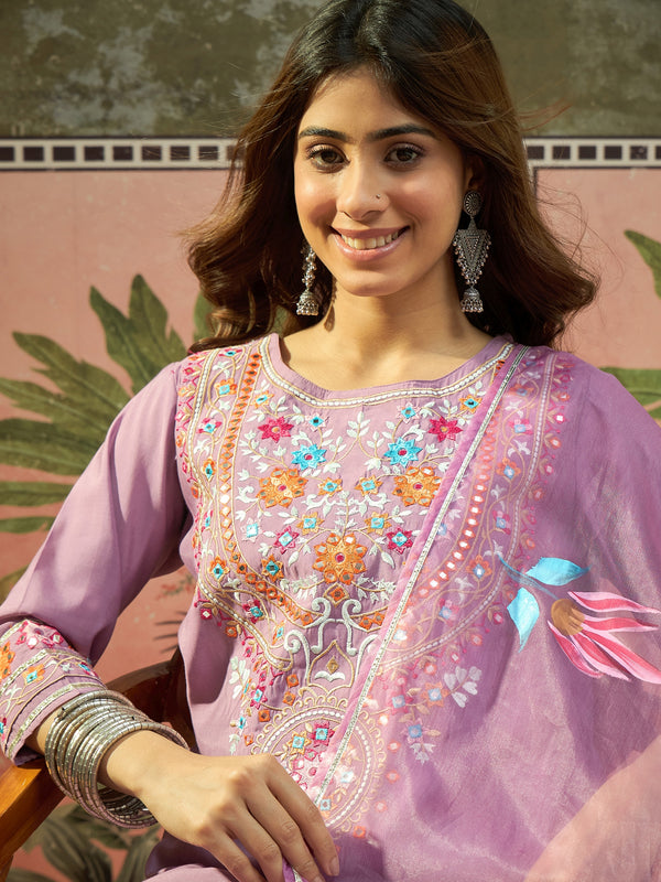 Lilac Floral Embroidered Straight Kurta With Trouser & Dupatta Kurta Set