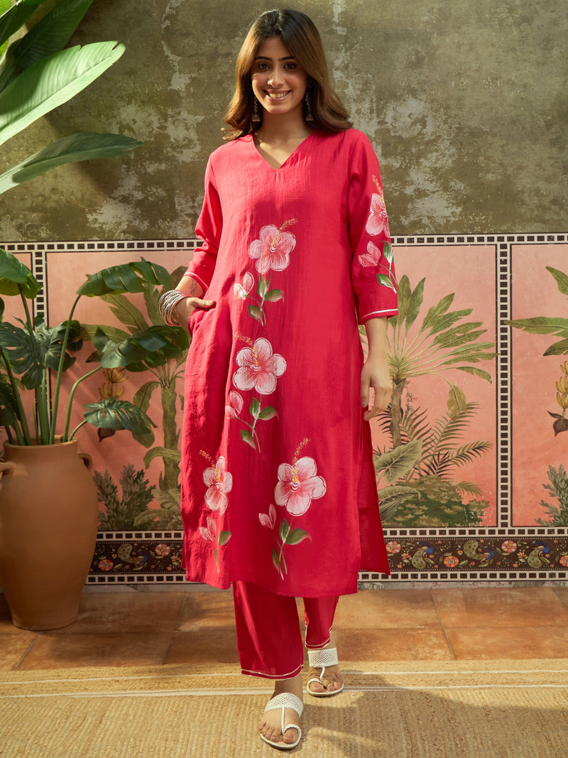 Purple Hand Block Print Straight  Kurta with Trouser & Dupatta Kurta Set