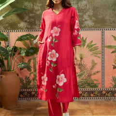 Purple Hand Block Print Straight  Kurta with Trouser & Dupatta Kurta Set