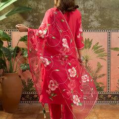 Purple Hand Block Print Straight  Kurta with Trouser & Dupatta Kurta Set