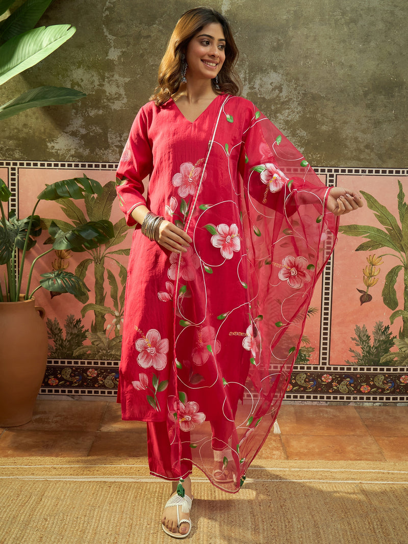 Purple Hand Block Print Straight  Kurta with Trouser & Dupatta Kurta Set