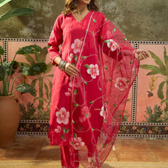 Purple Hand Block Print Straight  Kurta with Trouser & Dupatta Kurta Set