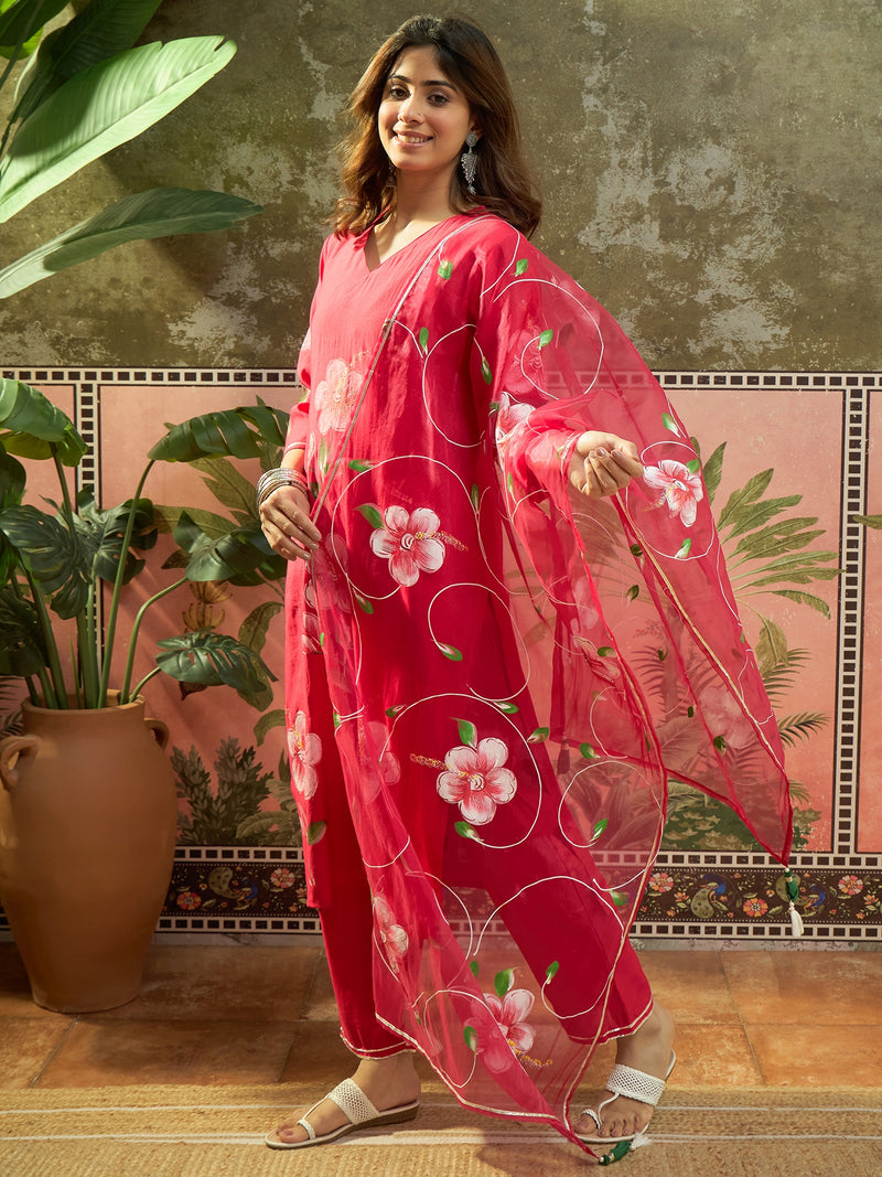 Purple Hand Block Print Straight  Kurta with Trouser & Dupatta Kurta Set