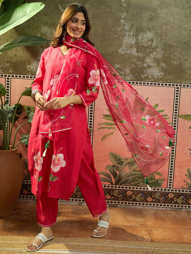 Purple Hand Block Print Straight  Kurta with Trouser & Dupatta Kurta Set