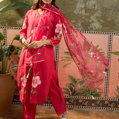 Purple Hand Block Print Straight  Kurta with Trouser & Dupatta Kurta Set