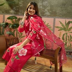 Purple Hand Block Print Straight  Kurta with Trouser & Dupatta Kurta Set