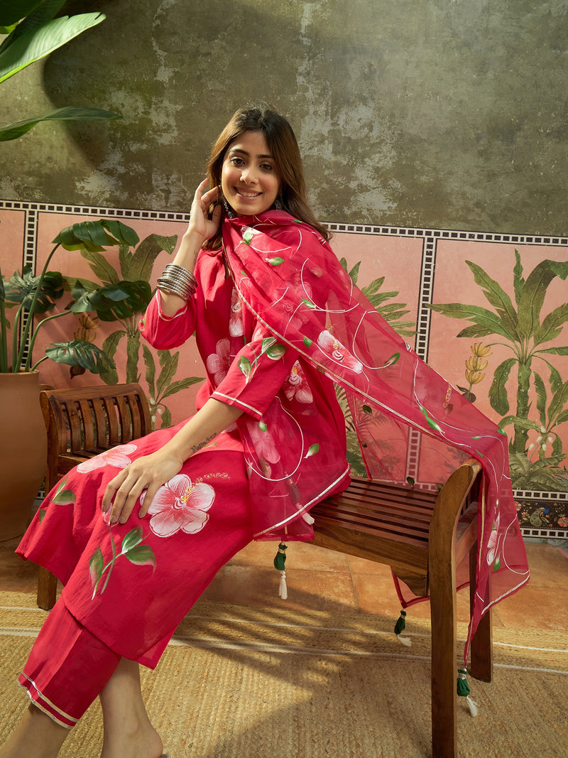 Hand Block Print Straight  Kurta with Trouser & Dupatta Kurta Set