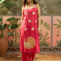 Rani Embroidered Shoulder Straps Straight Kurta With Trouser & Dupatta Kurta Set