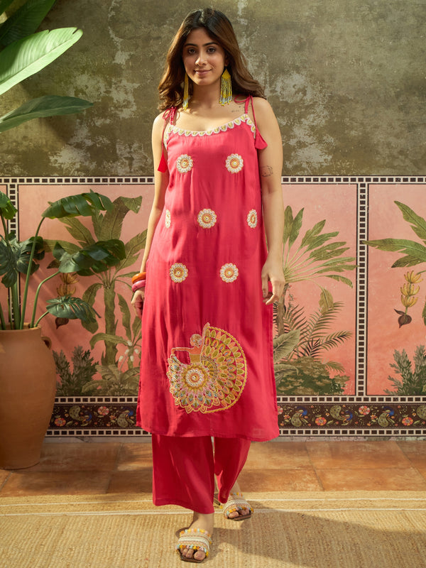 Rani Embroidered Shoulder Straps Straight Kurta With Trouser & Dupatta Kurta Set