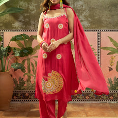 Rani Embroidered Shoulder Straps Straight Kurta With Trouser & Dupatta Kurta Set